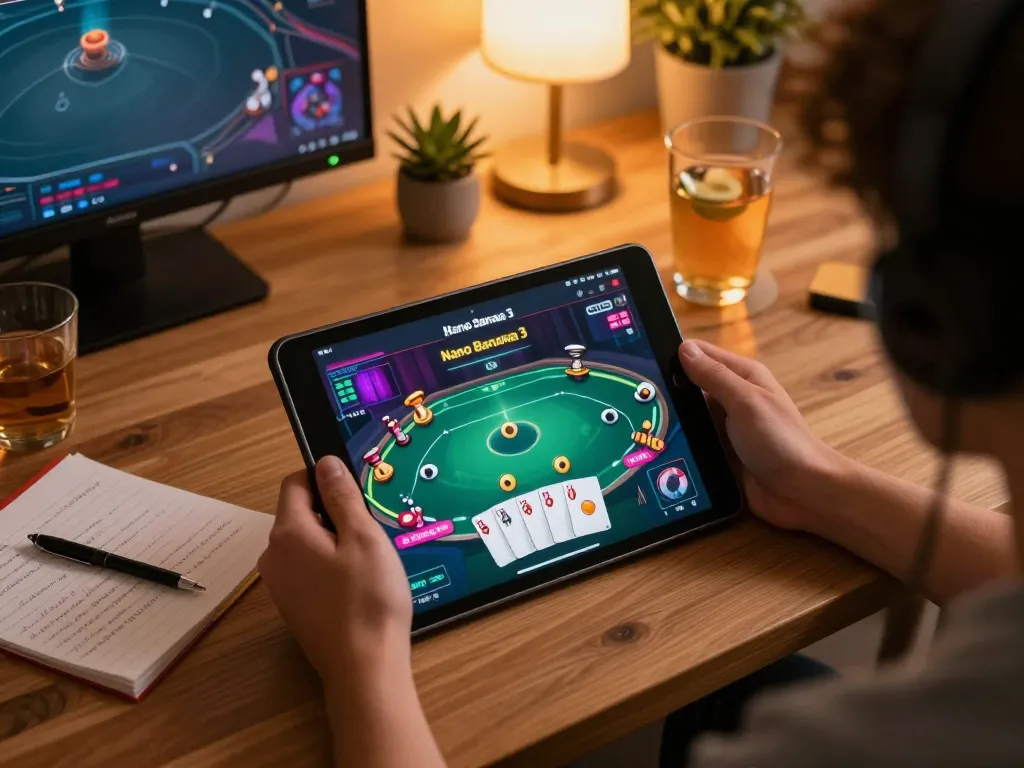 Engaging with nano banana 3 on a tablet during a cozy online gaming session.