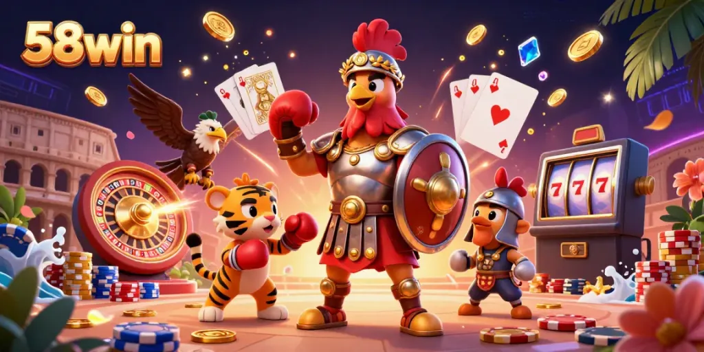 Experience the excitement of betting at 58win with a captivating 3D casino scene featuring iconic characters.