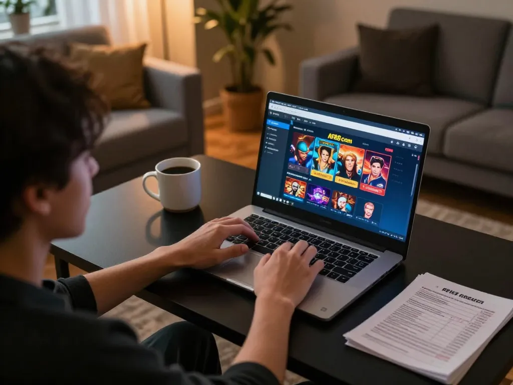 Player enjoying AF88 com online casino games at home, showcasing strategic gaming setup with cozy ambiance.
