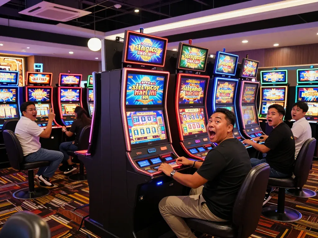 Players experiencing slot gacor hari ini excitement at a vibrant casino scene.