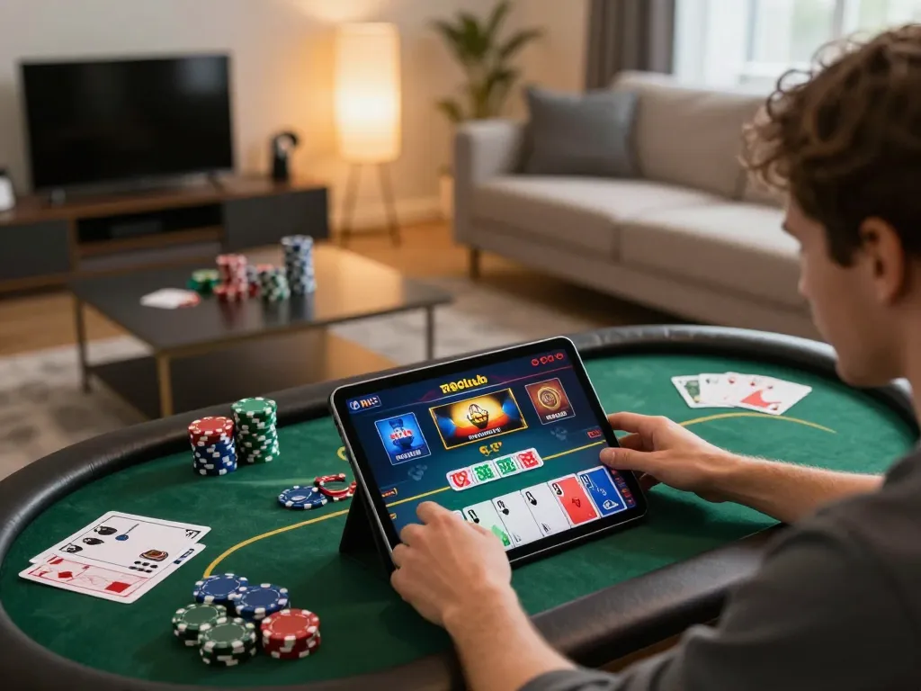 Cảnh chơi game casino trực tuyến hấp dẫn với người chơi trên máy tính bảng trình bày giao diện poker thú vị của 789club