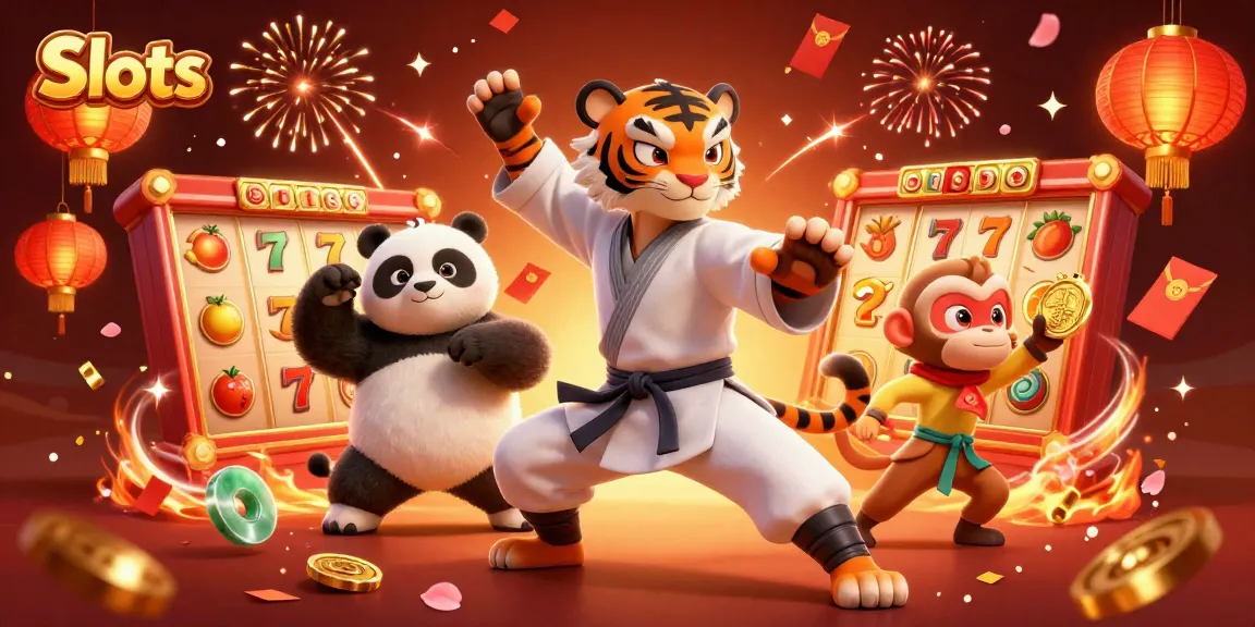 Spin the Slots with enthusiasm in a vibrant 3D scene featuring a kung fu tiger, panda, and monkey amidst dynamic gambling elements.
