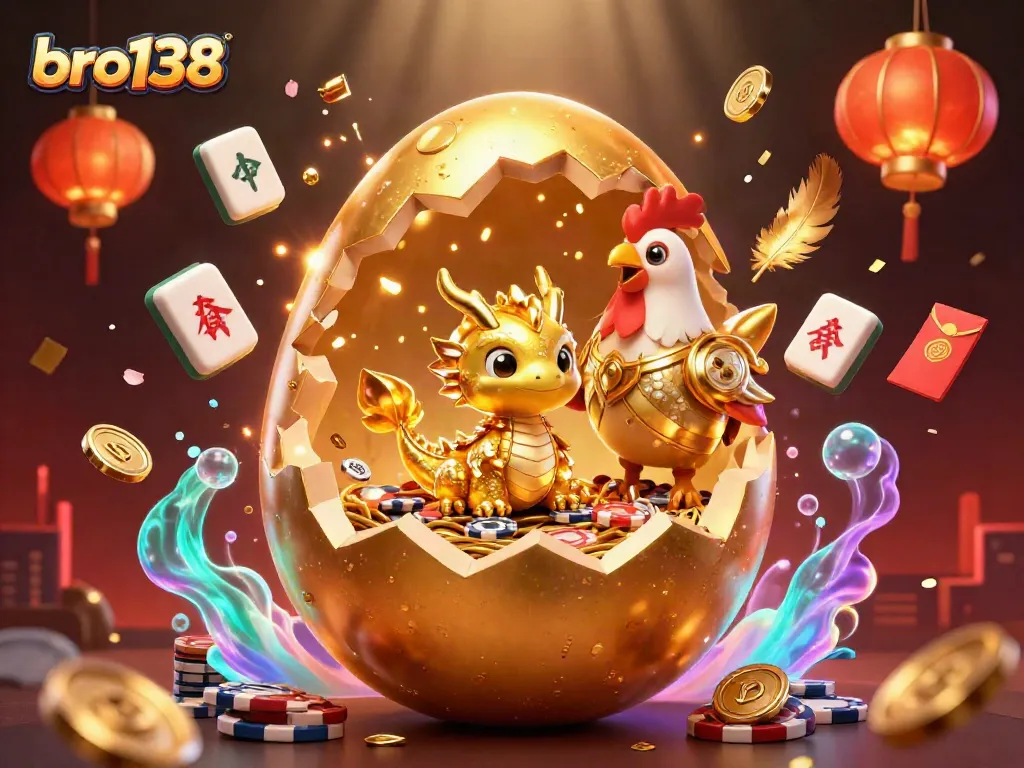 Engage with bro138's thrilling gaming experience, showcasing a dynamic scene with a golden dragon and poker chips.