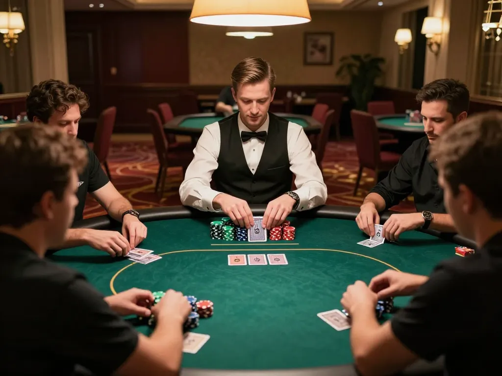 Players engaged at a vibrant poker table in a luxurious casino setting, showcasing the excitement of nk88 nhà cái.