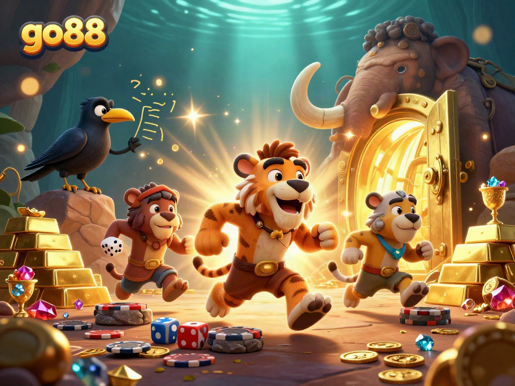 Engage with go88 casino action in a vibrant prehistoric scene featuring a caveman and tiger gaming.