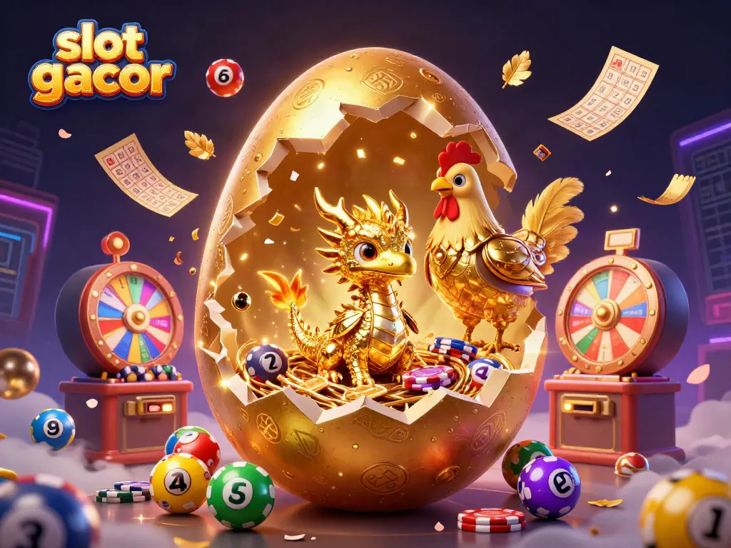 Experience excitement with slot gacor as a golden baby dragon nests on poker chips amidst action-filled lottery elements.