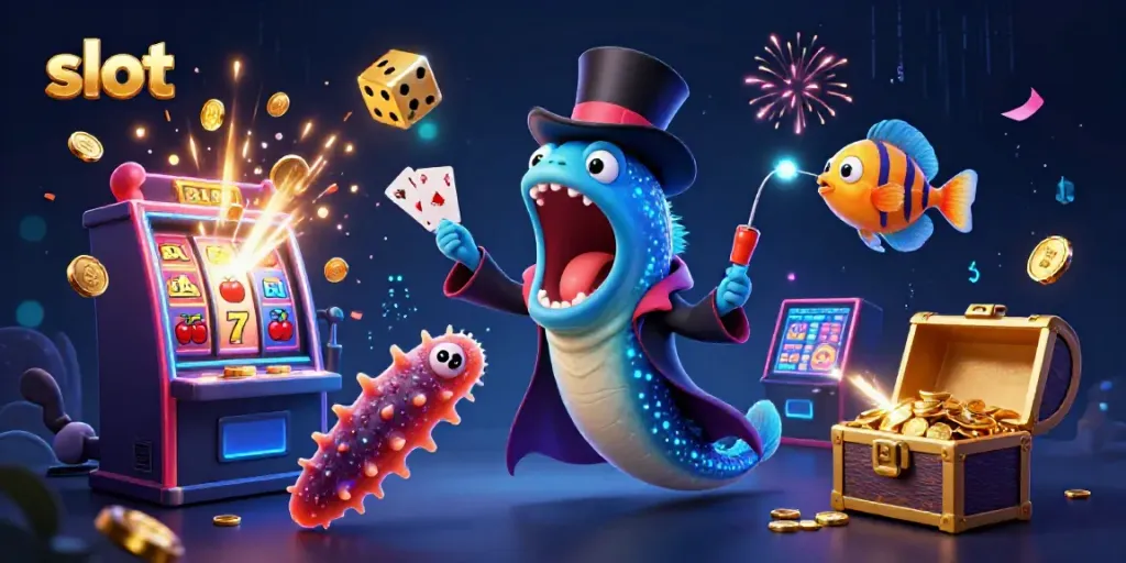 Gulper eel melakukan trik kartu saat jackpot slot meledak, berisi simbol keberuntungan.