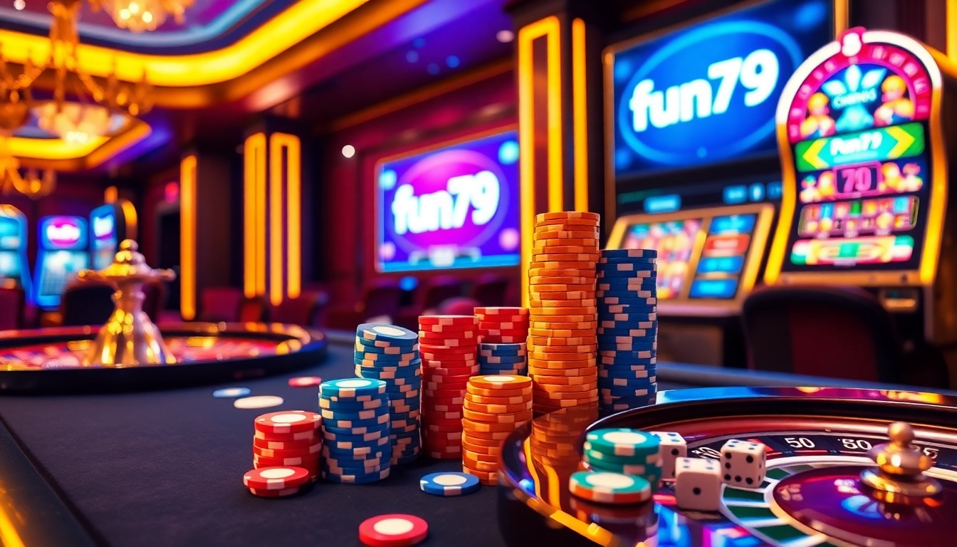 Fun79 elevates the gambling experience with vibrant casino visuals featuring poker chips and roulette.