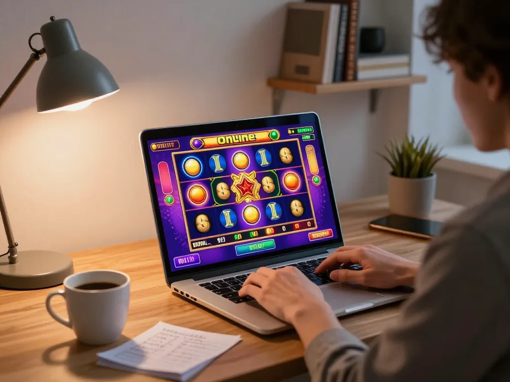 Playing ดูหนังใหม่ on a laptop in a cozy home office with strategy notes, showing vibrant slot game.