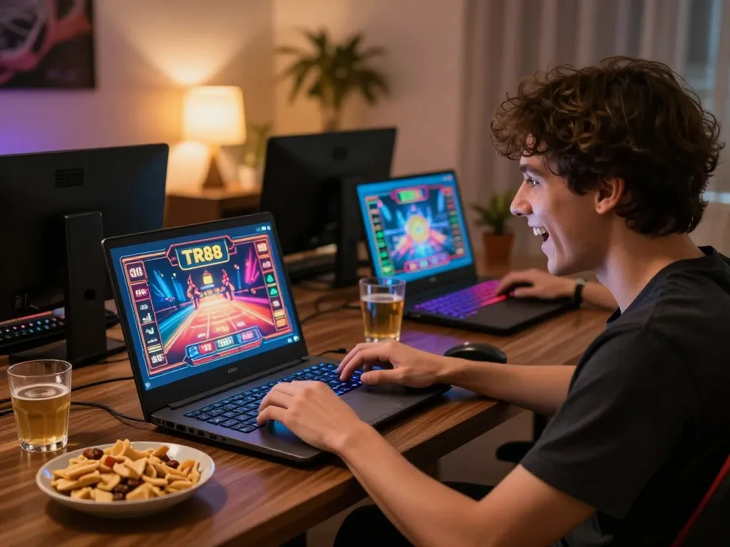 Player engaging with TR88 online casino on a laptop, showcasing vibrant gaming graphics and immersive setup.