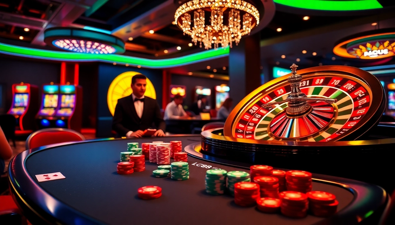 Experience the thrill of winning at LC88, the premier casino brand, with vibrant gaming elements.