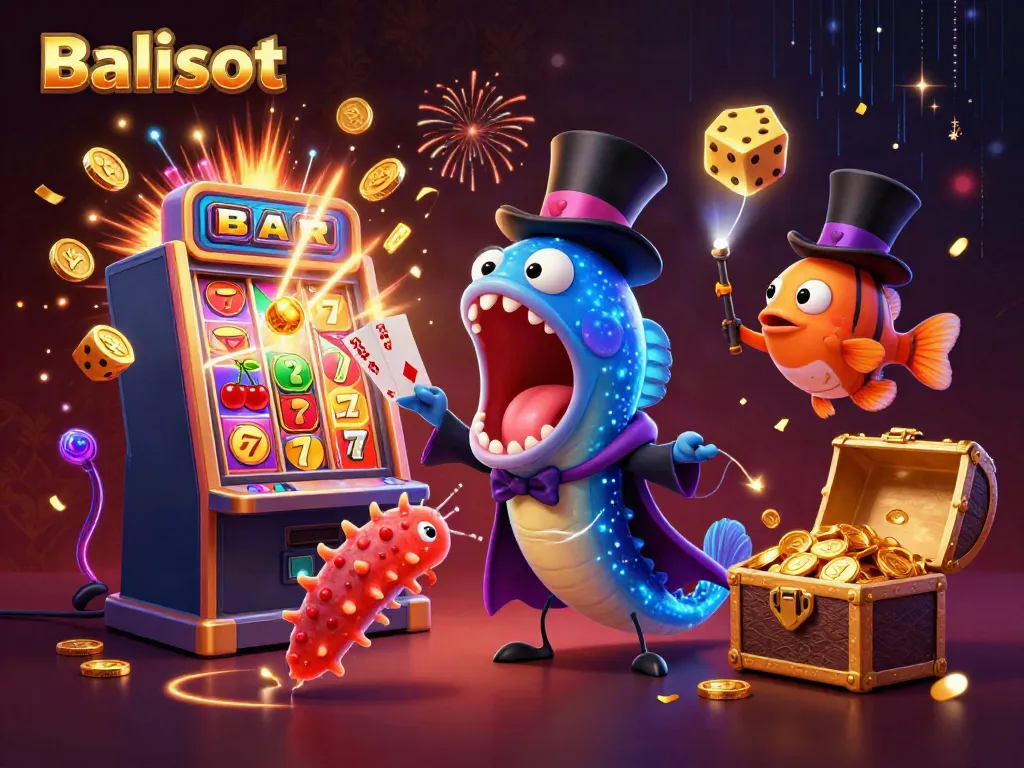 Engaging Balislot scene showcasing a magical performance with bioluminescent sea creatures around casino elements.