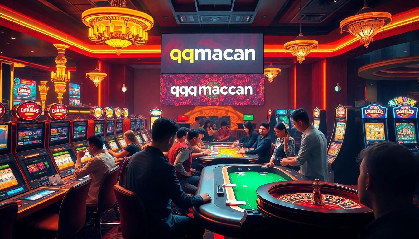 Players enjoying a vibrant casino atmosphere with slot machines and poker games at qqmacan.