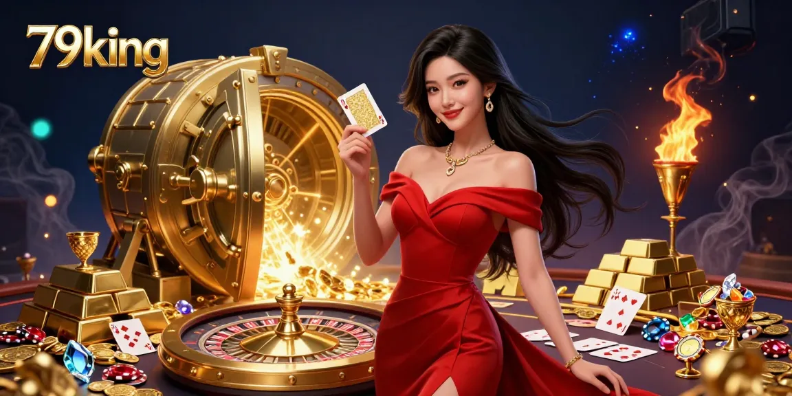 Experience the excitement of 79king: A stunning Asian woman elegantly displays a golden playing card beside a sparkling roulette wheel.