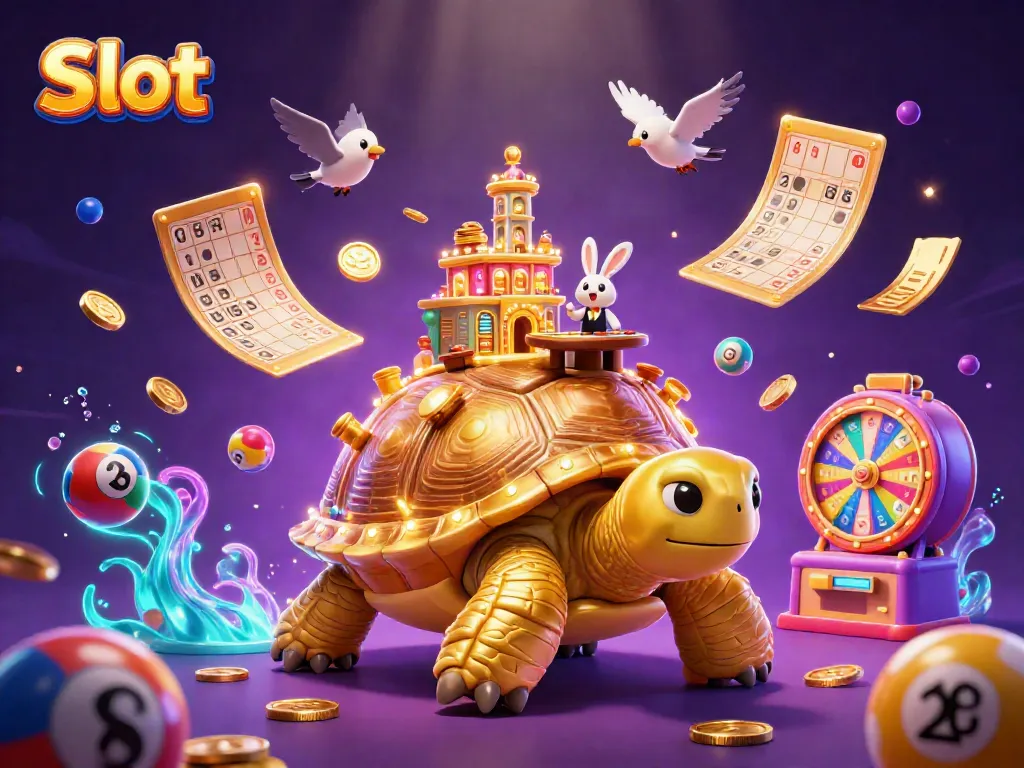 Slot menarik dengan kura-kura emas dan dealer kelinci di kasino miniatur.