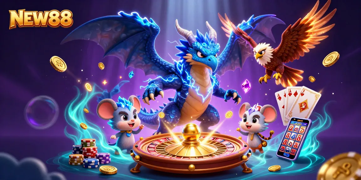 Experience thrilling action at NEW88 with a powerful dragon and vibrant casino elements.