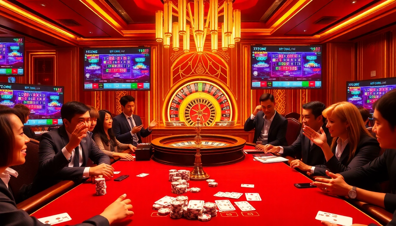 Engaging players winning at the 7C77 one casino table with poker chips and roulette wheel.