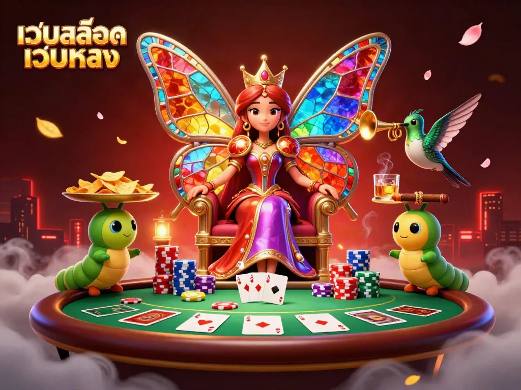 ภาพการ์ตูน 3D ที่น่าตื่นตาตื่นใจของควีนผีเสื้อพร้อมพิธีกรเกมบนเว็บสล็อตเว็บตรง