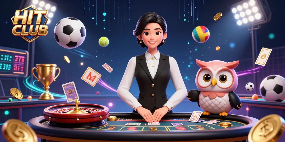 Experience excitement at HIT CLUB with an elegant Asian dealer and captivating owl assistant surrounded by dynamic gaming elements.