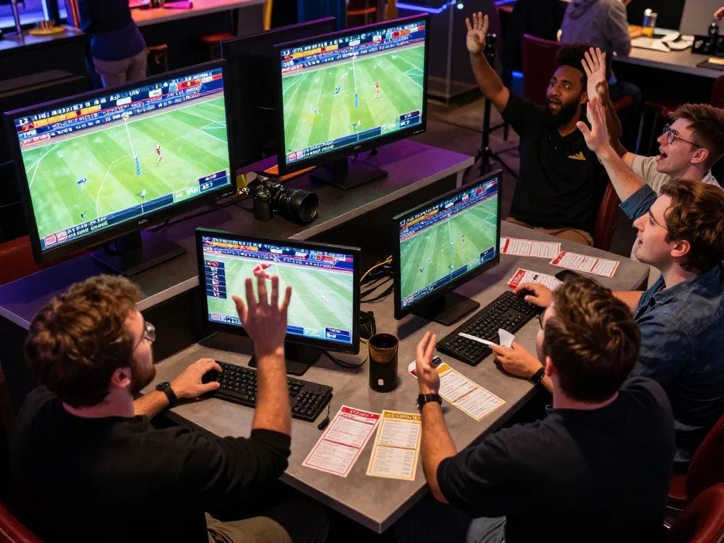 Exciting sports betting scene at tg88 with enthusiastic bettors cheering and capturing live games