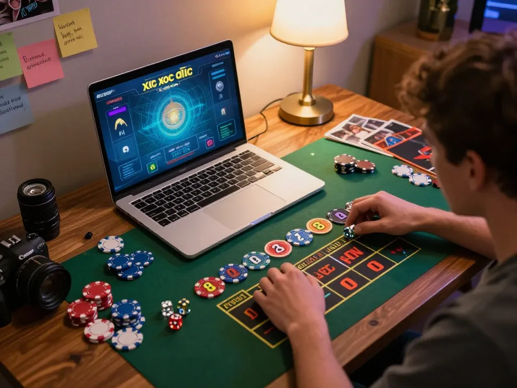 xóc đĩa online gameplay showing vibrant home setting with strategic gaming setup and player concentration