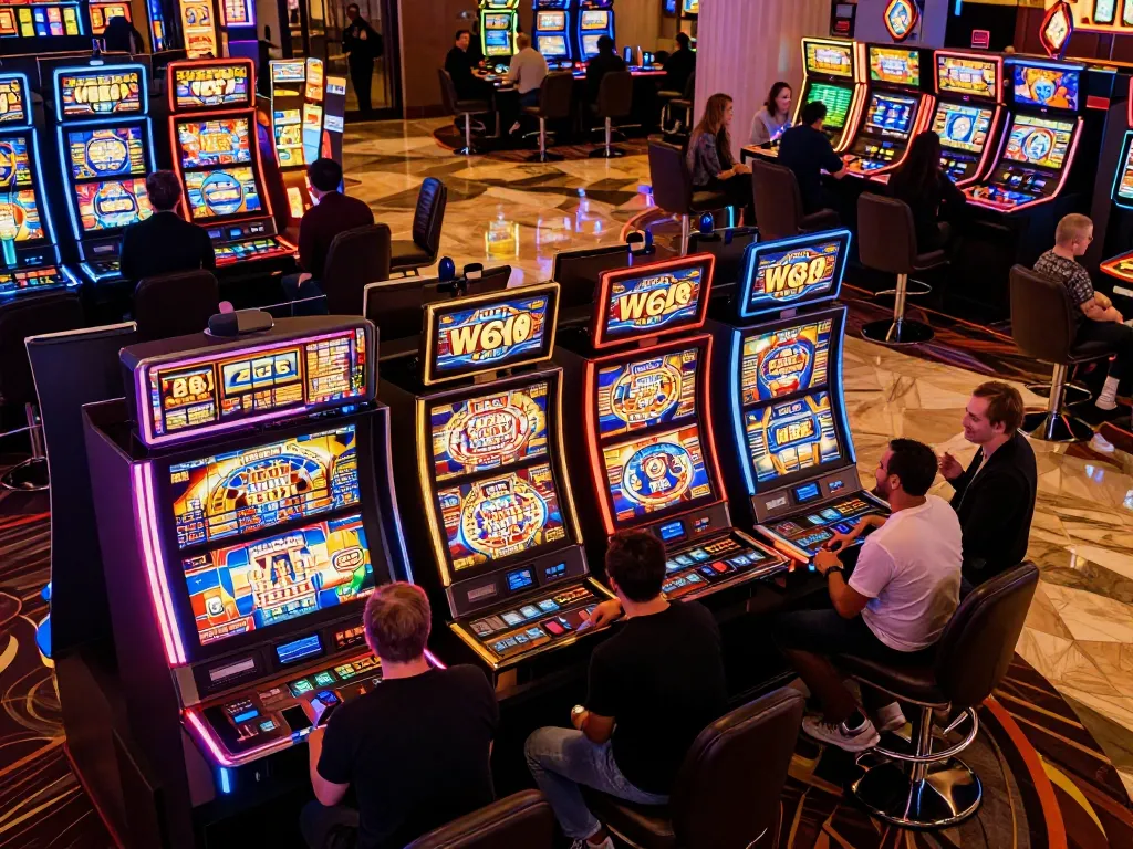 Players engaging with the W69 slot machines in a lively casino atmosphere, bright digital displays creating excitement