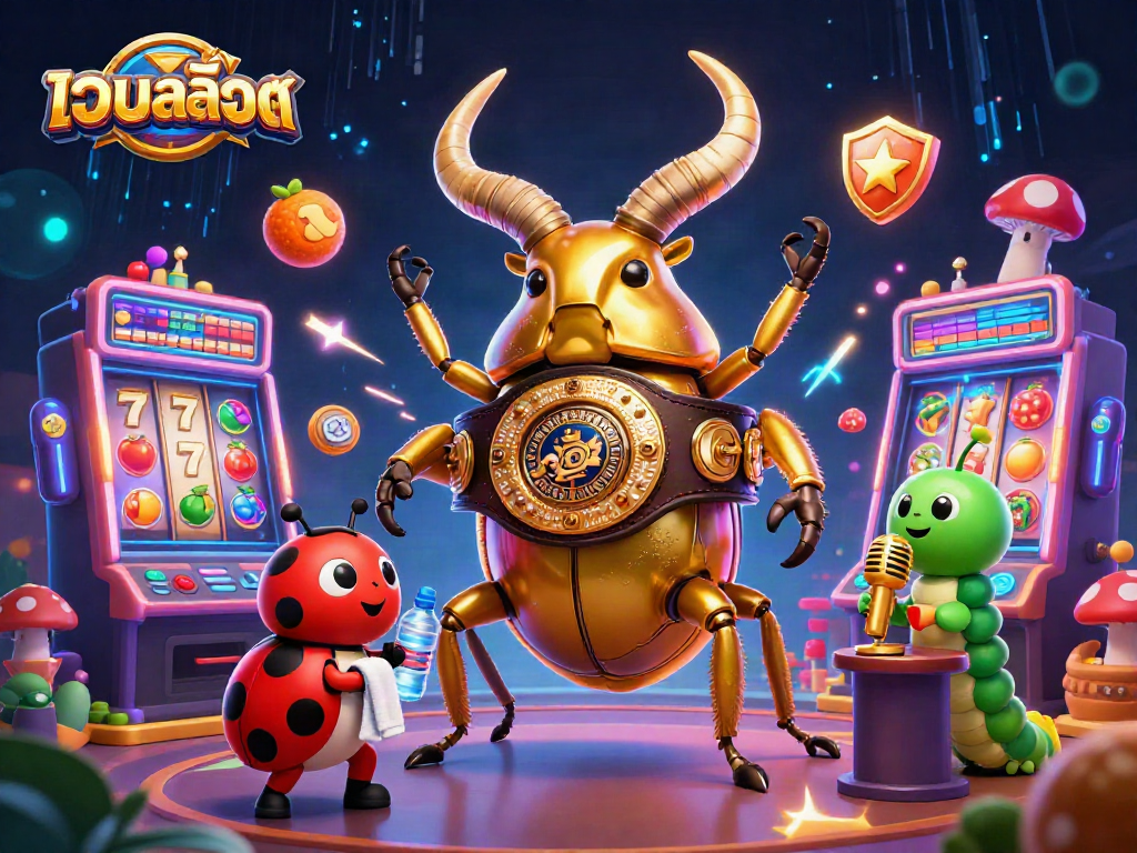 Engage with เว็บสล็อต featuring vibrant slots and a dynamic boxing beetle championship scene.