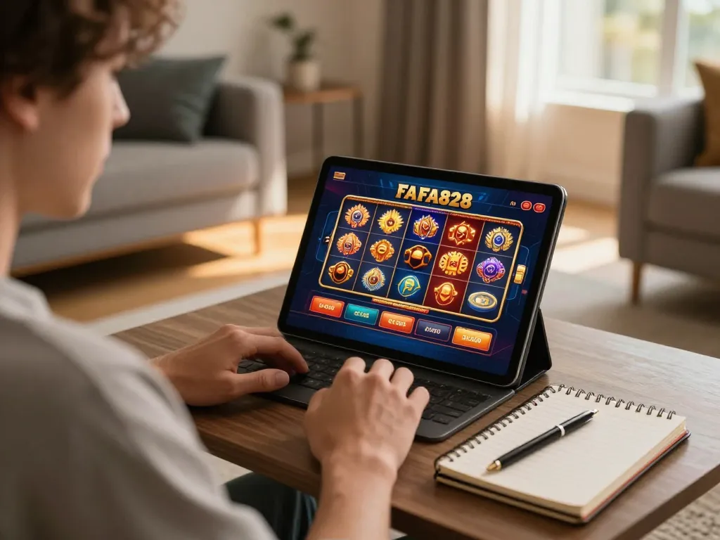 Engaging with FAFA828 casino on a tablet in a cozy home setting, showcasing responsible gaming.