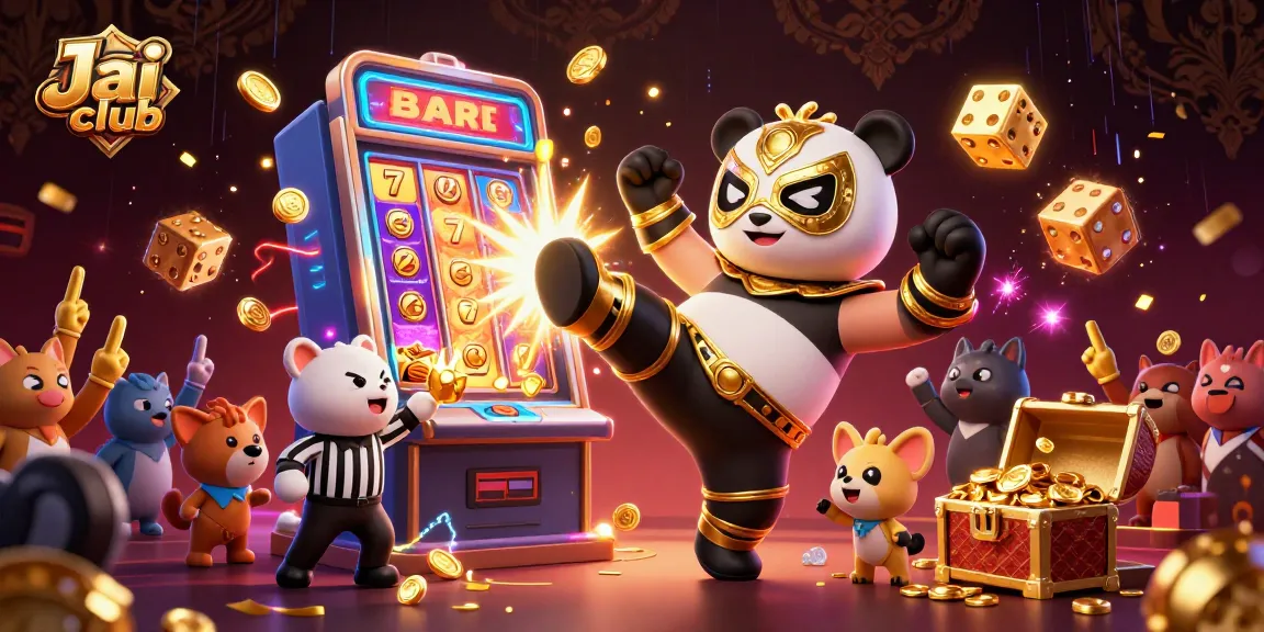 Experience the thrilling action of Jai club with a panda wrestler, slot machines, and cheering animal fans.