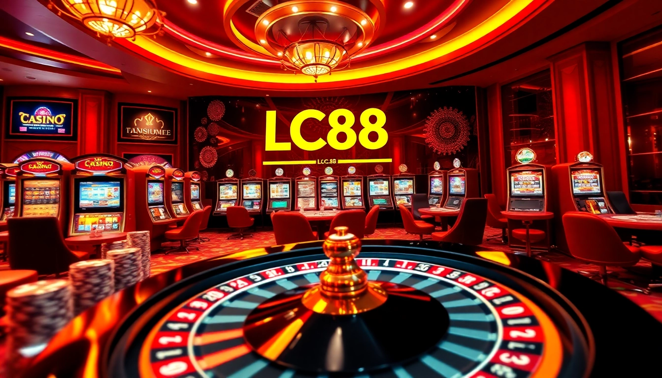 Experience the excitement of gambling at LC88 with vibrant slot machines and poker chips.