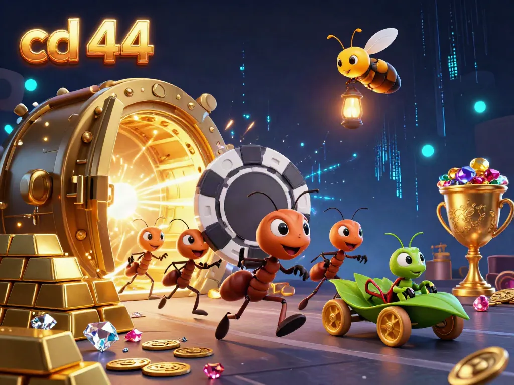 Engaging 3D scene of ants executing a heist featuring a golden poker chip, representing cd 44.