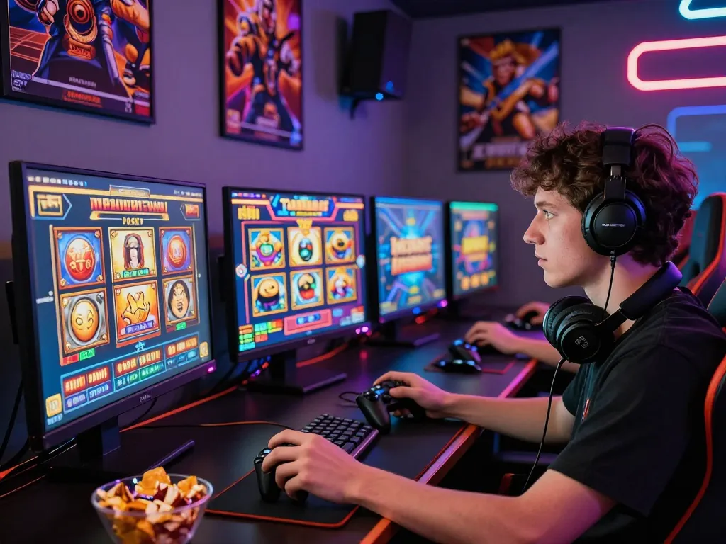 Pengaturan permainan online yang menampilkan permainan slot gacor hari ini, pemain fokus pada layar yang cerah.
