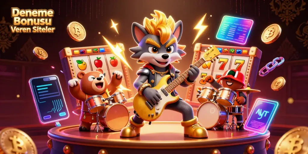 Experience the excitement of Deneme Bonusu Veren Siteler with vibrant characters and slot machines in a thrilling casino atmosphere.