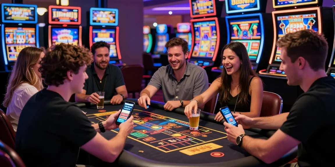 Friends enjoying non-UK licensed slots, showcasing lively casino atmosphere, you can find some here for thrilling gaming