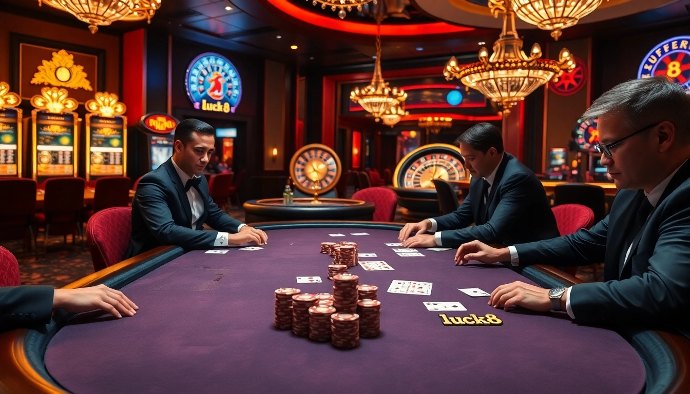 Experience the thrill of luck8 at a vibrant casino poker game, with chips and cards in action.