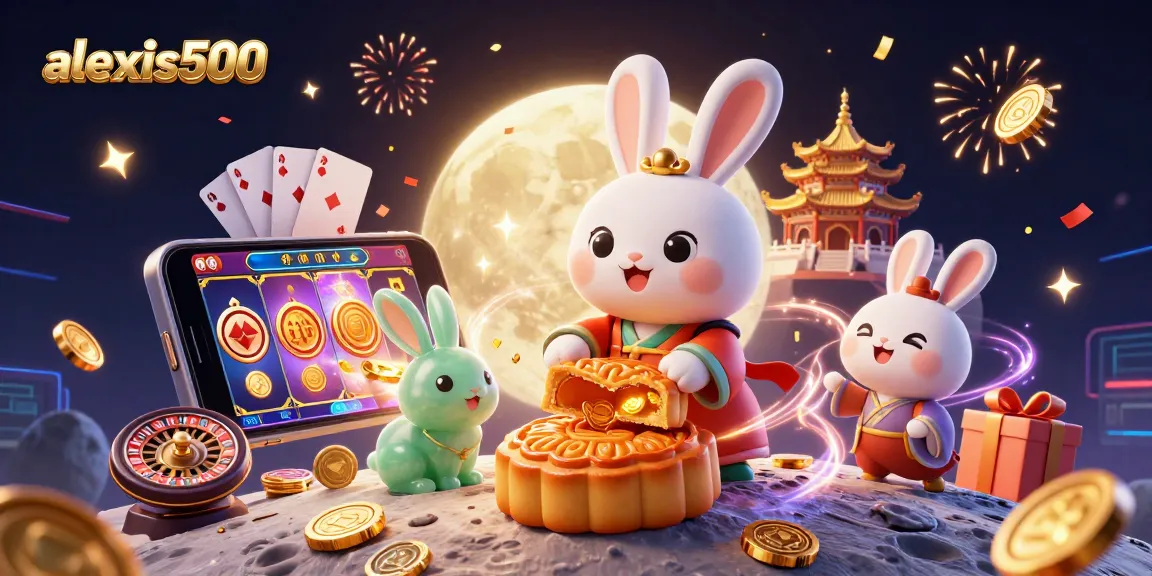 Experience the thrill of winning at alexis500 with a vibrant gaming scene featuring playful moon rabbits and dynamic casino elements.