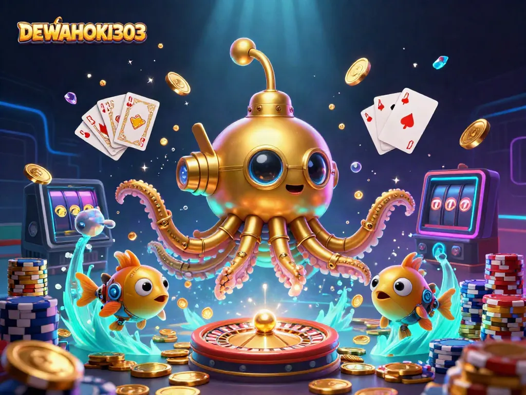 Menangkan jackpot di DEWAHOKI303 dengan simbol permainan slot dan tumpukan chip poker berwarna-warni.