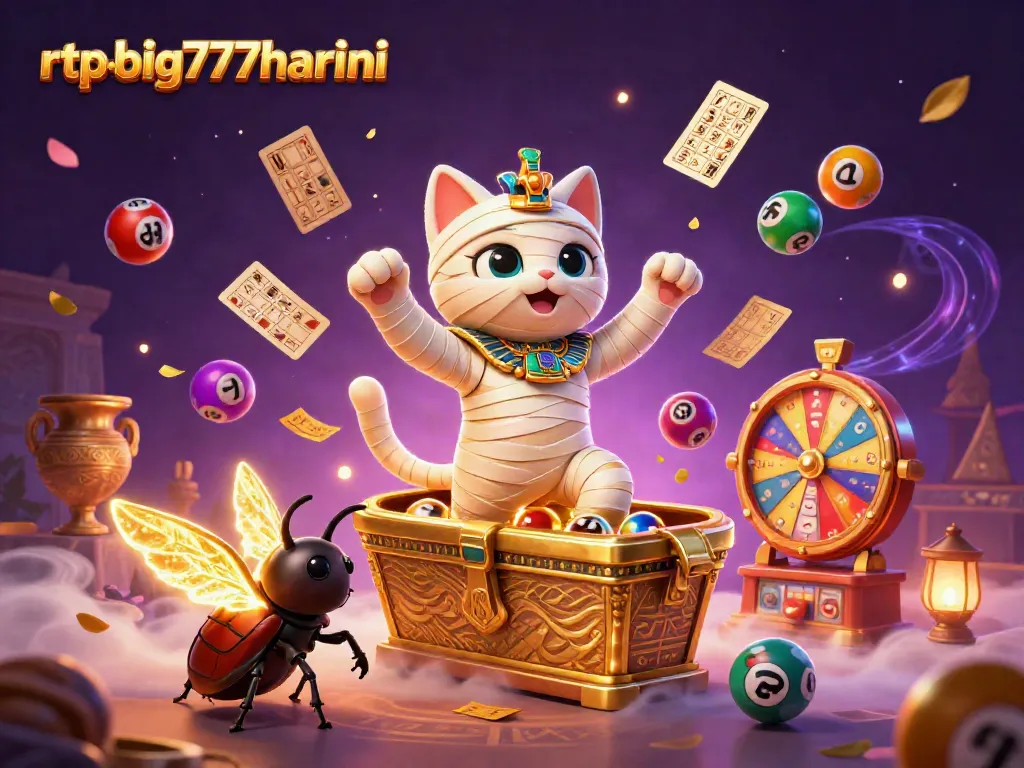 Witness the exciting scene of rtpbig777hariini featuring an Egyptian mummy cat and vibrant gaming elements.