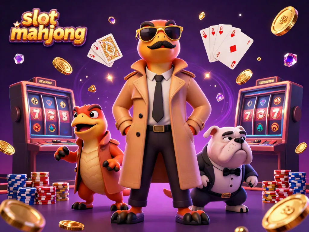 Spin the slot mahjong reels while raptors cleverly disguise themselves in a vibrant casino scene.