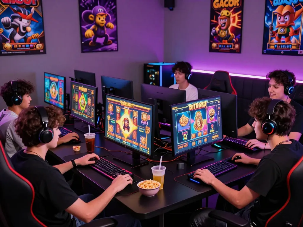 Engaged players enjoying slot gacor games in a modern gaming room setting.