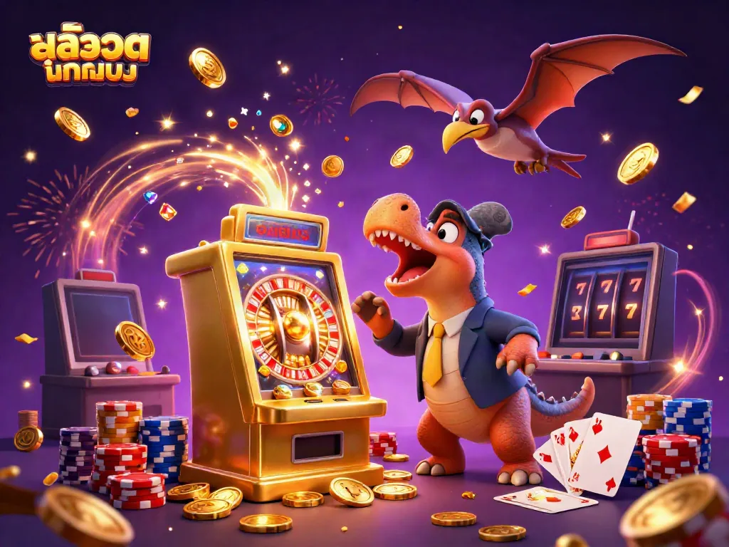 Experience thrilling สล็อตทดลอง action with a cartoon dinosaur winning jackpots while a casino manager panics!