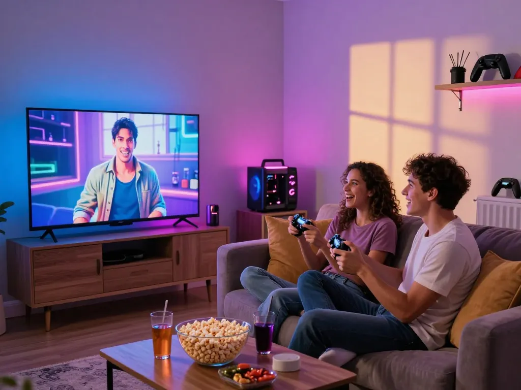 Couple enjoying an immersive sex game experience in a cozy living room.