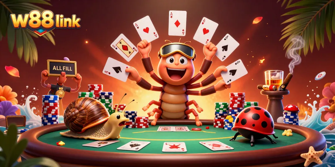 Experience the thrill of w88 link gaming with a lively cartoon illustration featuring dynamic characters and poker elements.