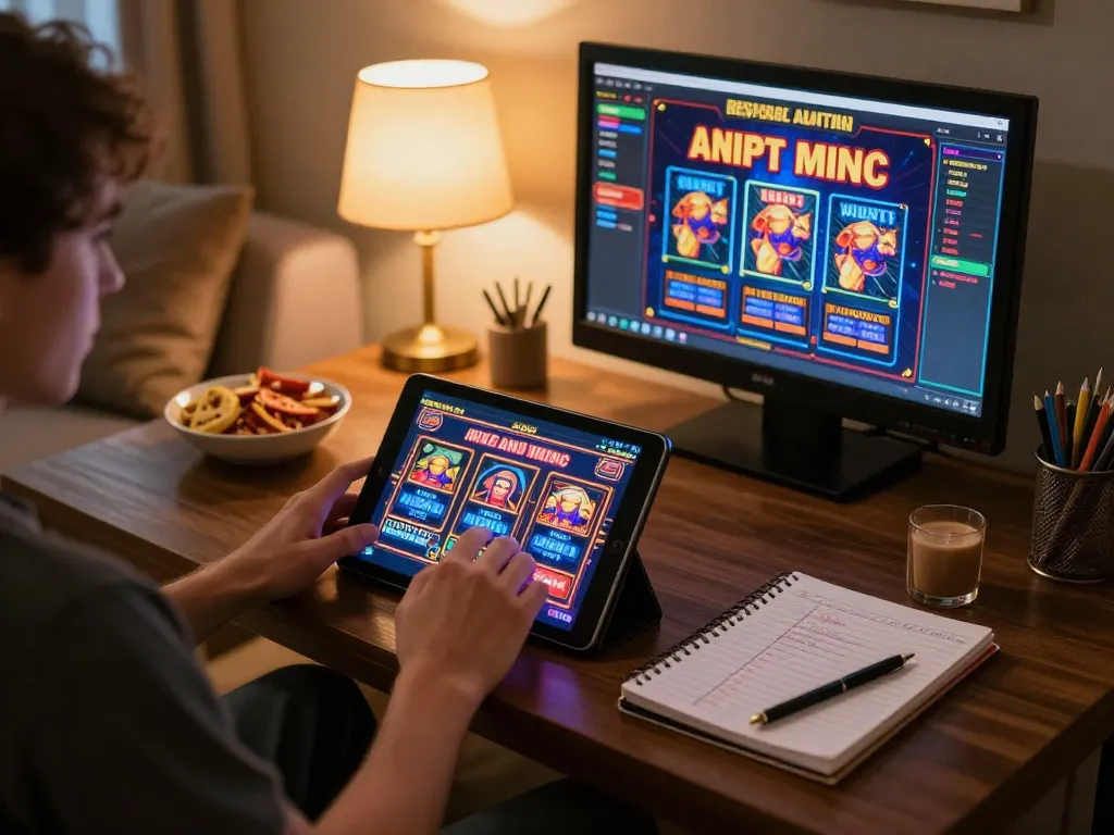 Engaging home gaming moment focused on mm88bet slot gameplay with snacks and strategy notes