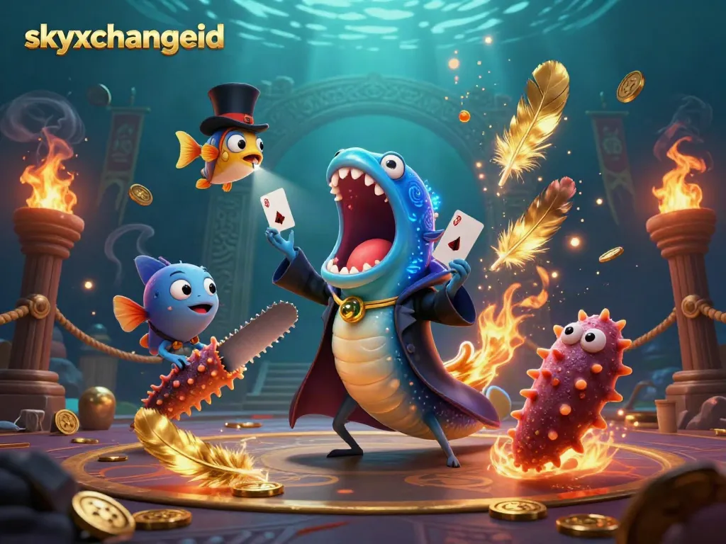 Engage with the skyxchangeid platform featuring vibrant 3D characters performing magic in a thrilling casino scene.