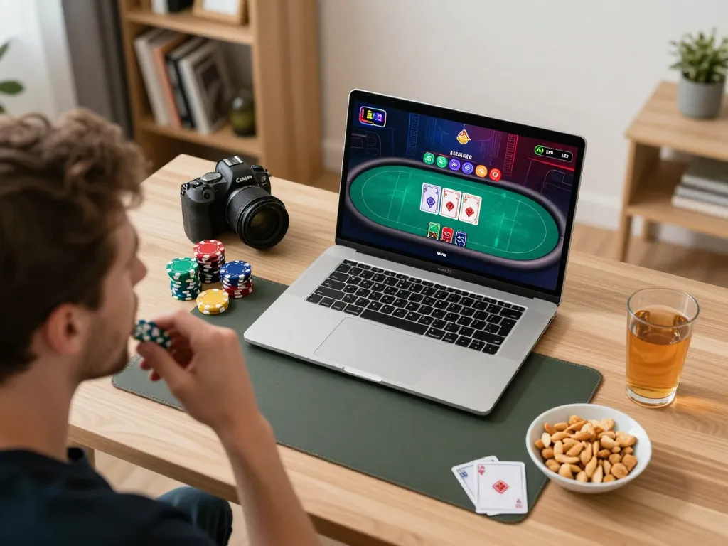 nk88 nhà cái player engaged in intense online poker session in a cozy home setting