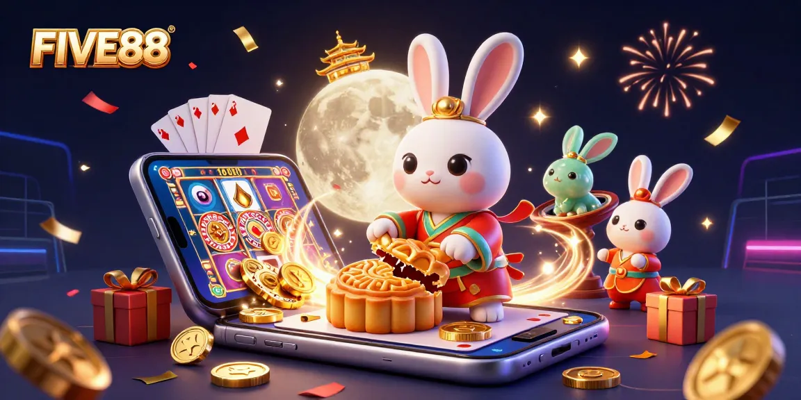 Experience thrilling moments with FIVE88 as a moon rabbit reveals poker chips while celebrating on the moon.