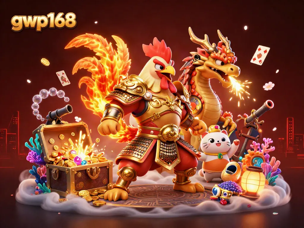 Rasakan pengalaman bermain di gwp168 dengan ilustrasi 3D ayam petarung dan naga yang menghidupkan suasana kasino.