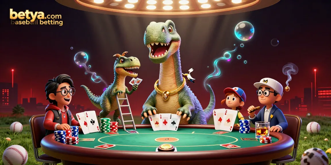 Engage in betya.com baseball betting with 3D cartoon dinosaurs at a lively poker table.
