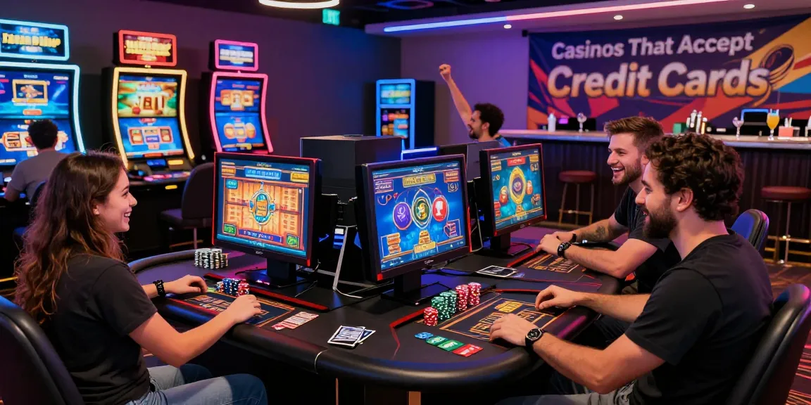 Exciting scene at casinos that accept credit cards, showcasing diverse players enjoying electronic gaming in a vibrant casino environment with neon lights and promotions.